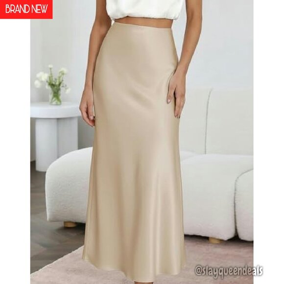 Satin High Waist Maxi Skirt Hidden Elastic A-Line Long Skirt - Picture 6 of 8